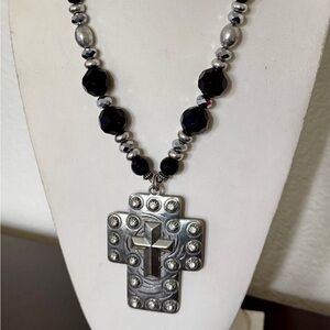 Black & Silver Western Cross Pendant Statement Necklace